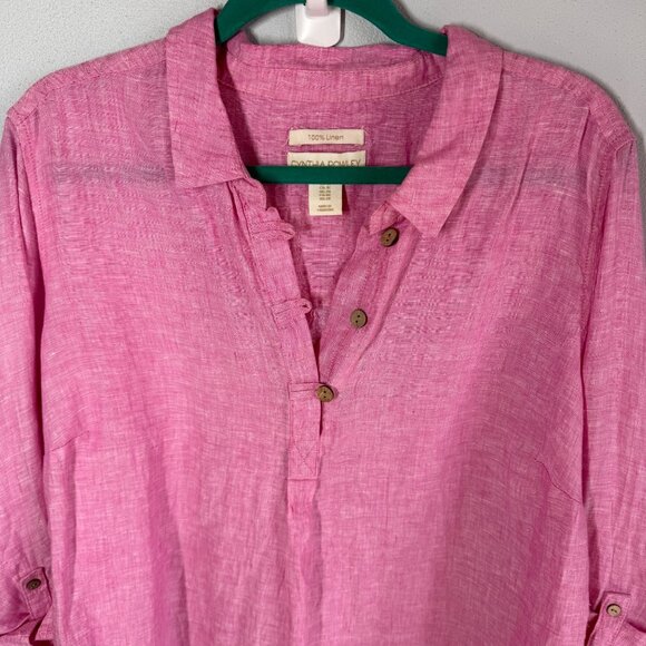 Cynthia Rowley 100% Linen Top Pink 1X Pullover Roll Tab Sleeve Coastal Lagenlook - Picture 3 of 11